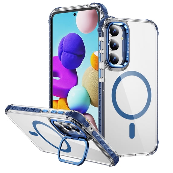 Magnetic for Samsung Galaxy S25 Plus Case, Compatible with MagSafe, with Camera Lens Stand, Matte Skin Feeling Case, Military-Grade Drop Proof Transparent Slim Shockproof Phone Case Cover, Blue