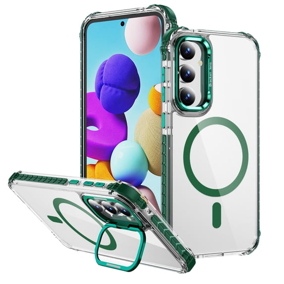 Magnetic for Samsung Galaxy S25 Plus Case, Compatible with MagSafe, with Camera Lens Stand, Matte Skin Feeling Case, Military-Grade Drop Proof Transparent Slim Shockproof Phone Case Cover, Green