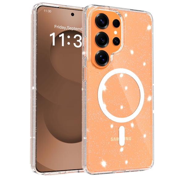 Magnetic For Samsung Galaxy S25 Ultra Phone Case,Compatible with Mag-Safe,Cute Bling Sparkly Glitter Transparent Back,For Women Girls,Ultra Slim Shockproof Anti-Scratch Durable Phone Case,Clear