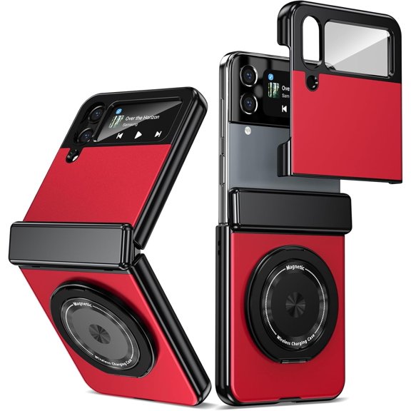 Magnetic for Samsung Galaxy Z Flip 4 Case with Ring Holder, [Hinge Protection] Built in Screen Protector & Camera Protection Slim Thin Hard PC Kickstand Shockproof Protective Case, Red