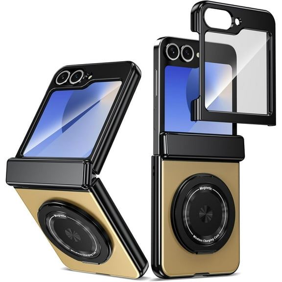 Magnetic for Samsung Galaxy Z Flip 5 Case with Ring Holder, [Hinge Protection] Built in Screen Protector & Camera Protection Slim Thin Hard PC Kickstand Shockproof Protective Case, Gold
