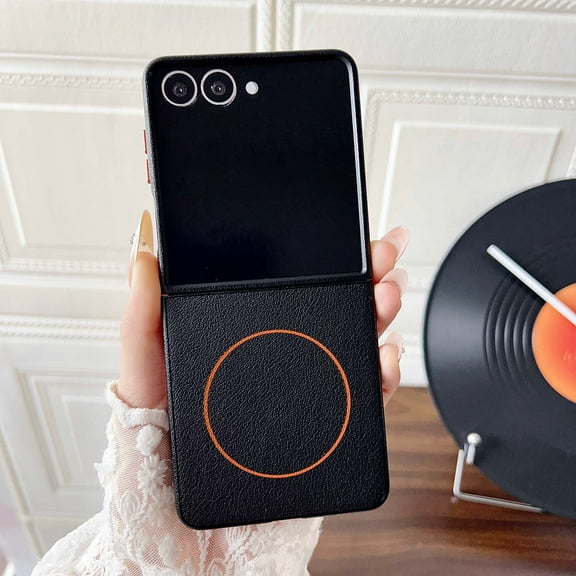 Magnetic for Samsung Galaxy Z Flip 5 Case [Support Wireless Charging] Slim Plain PU Leather Texture Hard Back TPU Bumper Cover, Drop Resistant Shockproof Phone Case Samsung Galaxy Z Flip 5, Black