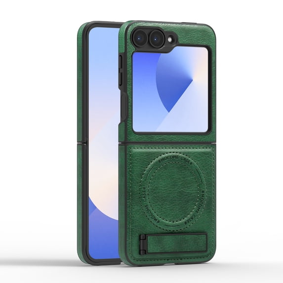 Magnetic for Samsung Galaxy Z Flip 5 PU Leather Case, Compatible with Magsafe, Built-in Invisible Stand, Premium Ultra Slim Adjustable Kickstand Protective Phone Case for Galaxy Z Flip 5, Darkgreen