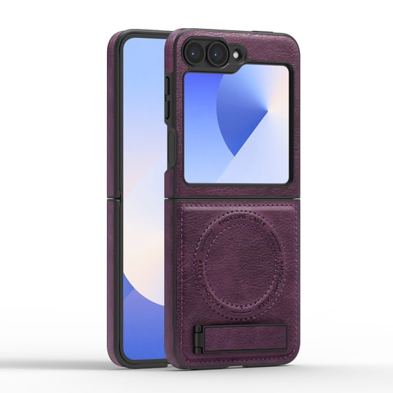 Magnetic for Samsung Galaxy Z Flip 5 PU Leather Case, Compatible with Magsafe, Built-in Invisible Stand, Premium Ultra Slim Adjustable Kickstand Protective Phone Case for Galaxy Z Flip 5, Darkpurple