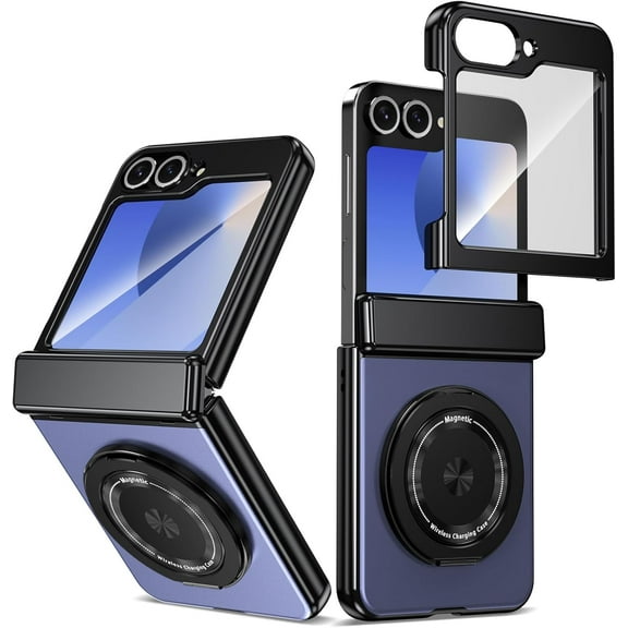 Magnetic for Samsung Galaxy Z Flip 6 Case with Ring Holder, [Hinge Protection] Built in Screen Protector & Camera Protection Slim Thin Hard PC Kickstand Shockproof Protective Case, Blue