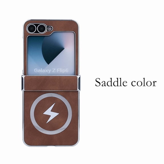 Magnetic For Samsung Galaxy Z Flip 7 FE/6 Phone Case,PC Bumper+PU Leather Back,Back Lightning Pattern Design,Compatible with Mag-safe,Anti-Scratch Shockproof Rugged Thin Fit Phone Case,Brown