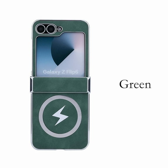 Magnetic For Samsung Galaxy Z Flip 7 FE/6 Phone Case,PC Bumper+PU Leather Back,Back Lightning Pattern Design,Compatible with Mag-safe,Anti-Scratch Shockproof Rugged Thin Fit Phone Case,Green