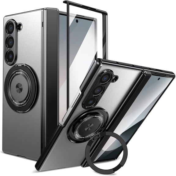 Magnetic for Samsung Galaxy Z Fold 6 Case with Ring Holder, [Hinge Protection] Built in Screen Protector & Camera Protection Slim Thin Hard PC Kickstand Shockproof Protective Case, Silver