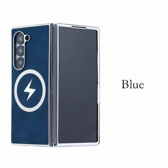 Magnetic For Samsung Galaxy Z Fold 6 Phone Case,PC Bumper+PU Leather Back,Back Lightning Pattern Design,Compatible with Mag-safe,Anti-Scratch Shockproof Rugged Thin Fit Phone Case,Blue