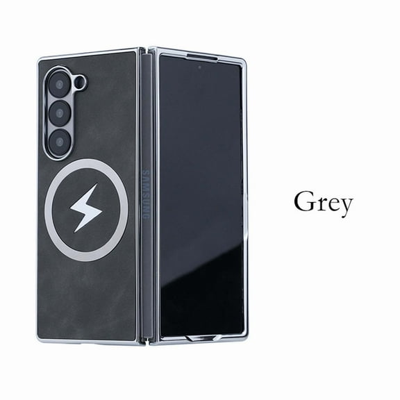 Magnetic For Samsung Galaxy Z Fold 6 Phone Case,PC Bumper+PU Leather Back,Back Lightning Pattern Design,Compatible with Mag-safe,Anti-Scratch Shockproof Rugged Thin Fit Phone Case,Gray