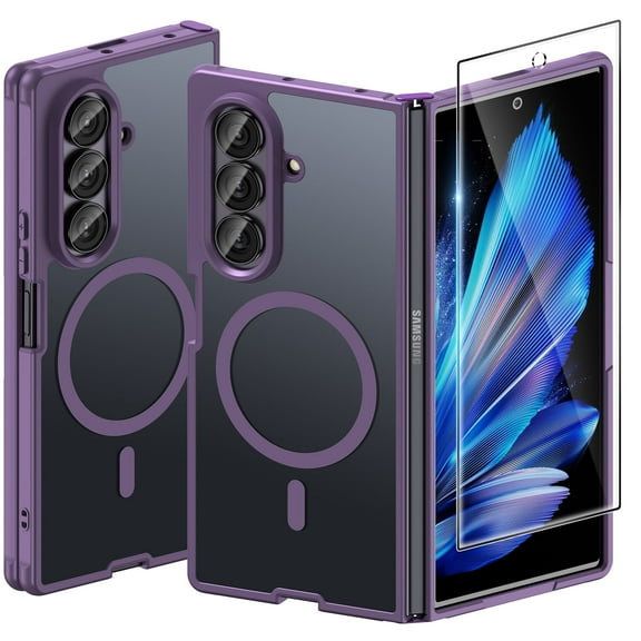 Magnetic for Samsung Galaxy Z Fold 7 Case with Screen Protector, [Compatible with MagSafe] Slim Translucent Matte Shockproof Case for Samsung Z Fold 7, Fold7 Hard PC Rugged Phone Cover, Purple