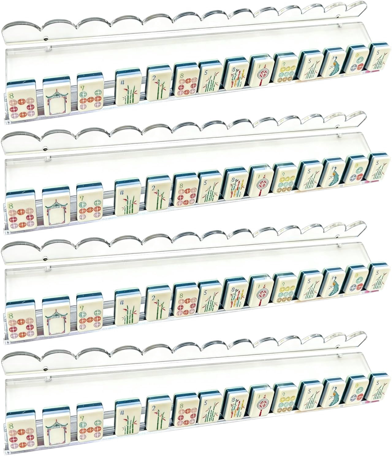 Magnetic Scalloped Mahjong Racks with Pushers, Clear Acrylic Tile Organizers, Fits Standard and Large Tiles