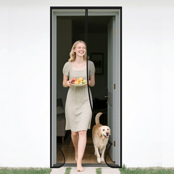 Magnetic Screen Door 30" x 81" Black, Mesh Screen with Magnetic Closure-Keeps Bugs Out Let Breeze in Heavy Duty Pet and Kid Friendly
