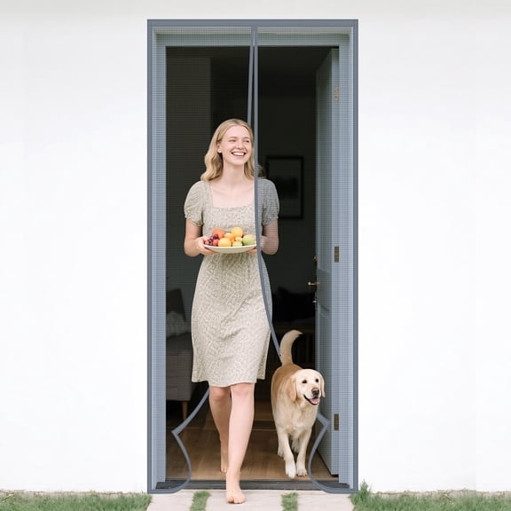 Magnetic Screen Door 30" x 81" Grey, Mesh Screen Doors Heavy Duty Pet and Kid Friendly Self Sealing Hands Free Keep Bugs Out