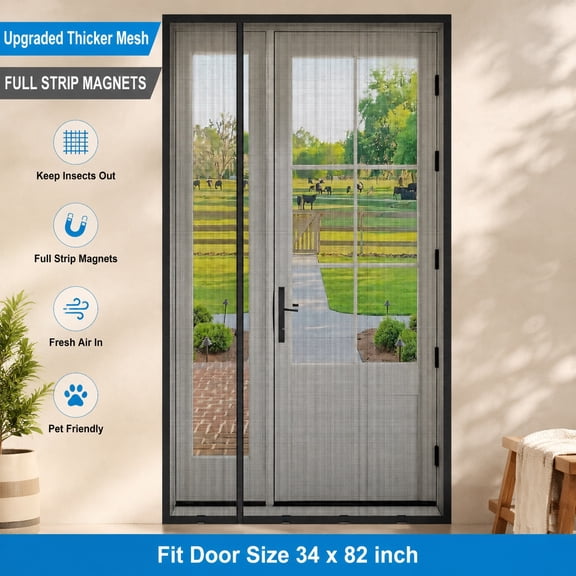 Magnetic Screen Door 34x82 in, Thick 265g Mesh with Full Strip Magnets, Reversible Left Right Side Opening, Fits Sliding & French Doors, Pet & Bug Resistant