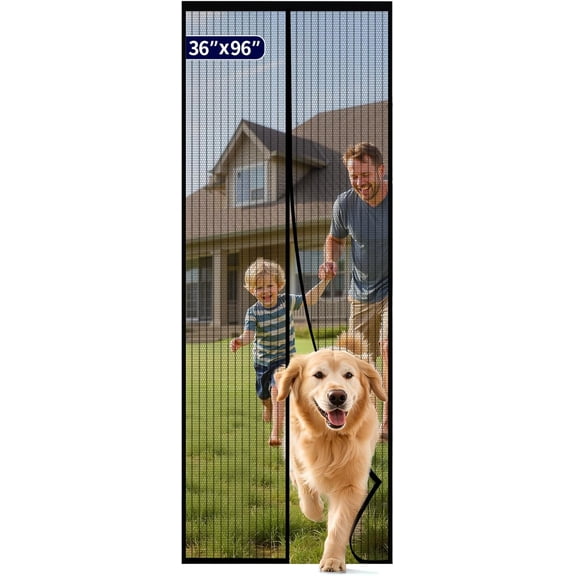 Magnetic Screen Door - 36.0 x 96.0'' Retractable Screen Door Mesh for Front Door or Sliding Door, Pet & Kid Friendly, Hands-Free Closure Keeps Bugs Out & Lets Breeze in, Stripe Black