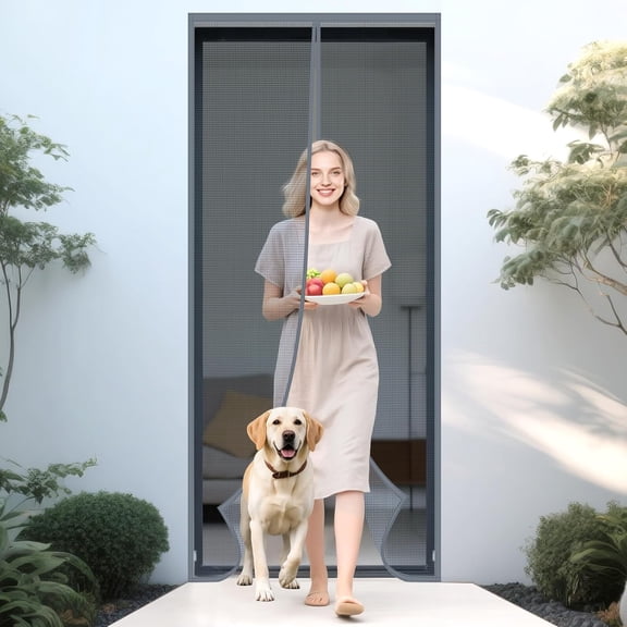 Magnetic Screen Door 36" x 81" Grey, Mesh Magnets Door Screen with Buckles Stay Open Option, Heavy Duty Enhanced Screen Mesh, Self Sealing, Hands Free
