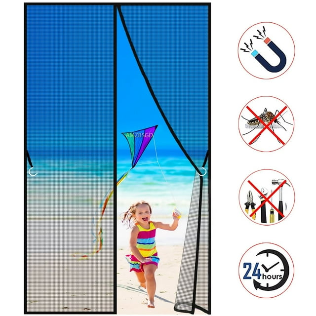 Magnetic Screen Door 63x73 in Keep Insects Out Keep Away from Mosquitoes Curtain Fits Door Up To Black Customizable