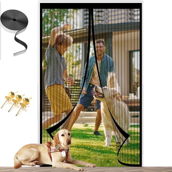 Magnetic Screen Door, Door Curtain Screen Size 35 x 86 Inch / 90 x 220mm, Stronger Magnets, Hands Free Mesh Partition Keeps Bugs Out, Pet and Kid Friendly, Easy Adhesive Mounting Without Drilling
