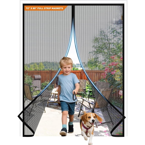 Magnetic Screen Door with Full Strip Magnets, Fit Door Size 72 x 80 Inch, Screen Size 74" x 81" Magnets Net with Full Frame Hook & Loop for Patio Entrance, Black