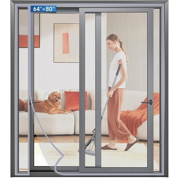 Magnetic Screen Door Left Right Side Opening Upgraded PET Mesh Greater Than Fiberglass and Polyester,Keep Bugs Out,Pet & Kid Friendly,Suitable for Sliding Doors,Patio French Doors-64" X 80"