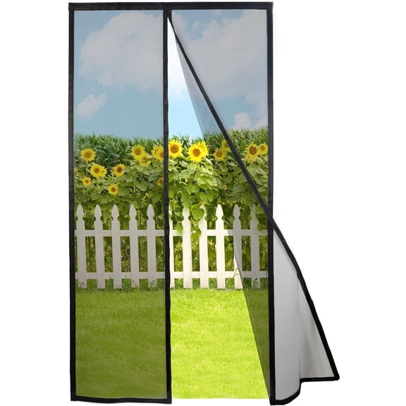 Magnetic Screen Door Mesh Mosquito Net Self Closing Black Polyester Thickened Insect Barrier Front Door with Hook and Loop Frame, 26 x 82 Inches