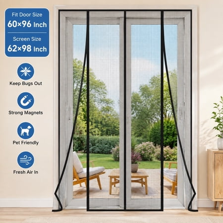 Magnetic Screen Door PET Mesh Stronger Than Fiberglass, Hands Free Bug Barrier, Pet & Kid Friendly, Fits Sliding, Patio & French Doors 60"x96
