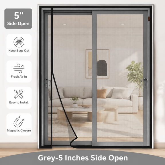 Magnetic Screen Door, Side Opening, Fits 60 x 80 Inch Door, Reinforced Fiberglass Mesh, Magnetic Closure, Fits Front, Back, Patio, Sliding, French Doors, Gray
