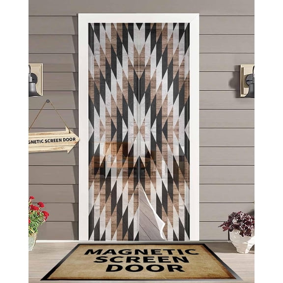 Magnetic Screen Doors Abstract Geometric Pattern Mesh Curtain Self Sealing Magnets, Vintage Wood Grain Door Screens with Magic Sticker for Kitchen,Patio,Front Doors 38x83In