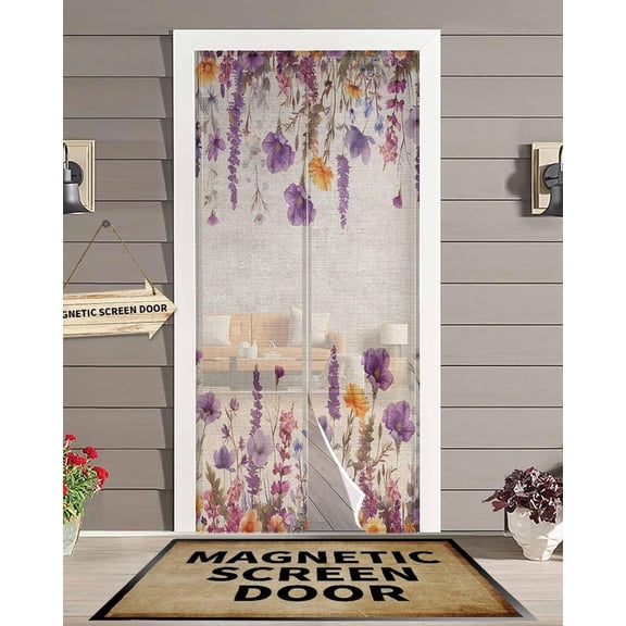 Magnetic Screen Doors Country Flower Purple Lavender Plant Mesh Curtain Self Sealing Magnets, Retro Linen Door Screens with Magic Sticker for Kitchen,Patio,Front Doors 38x83In