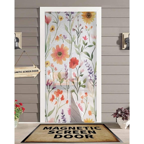 Magnetic Screen Doors Spring Country Flowers Mesh Curtain Self Sealing Magnets, Watercolor Farm Floral Art Door Screens with Magic Sticker for Kitchen,Patio,Front Doors 38x83In
