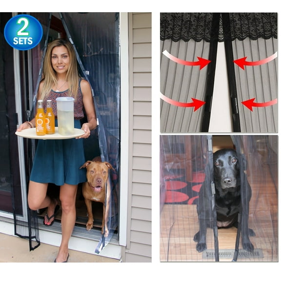 Magnetic Screen Mesh Door Full Frame Velcro Walk Through Mosquito Screen Net - Hands-Free Automatic Snap Screen Closure Keeps Insects Bugs Out While Letting Fresh Air In (2 Sets)