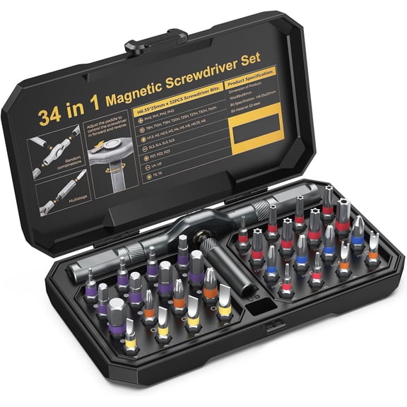 ORIA Magnetic Screwdriver Set, 34 in 1 Ratchet Screwdriver Set, Portable Precision Tool Kit with DIY T Handle, 32 Color-Coded Precision Bits for DIY Furniture Computer Bicycle