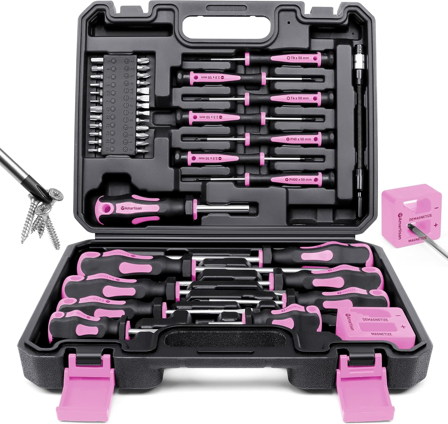 Magnetic Screwdrivers Set with Case 43-piece Includs Slotted Phillips Hex Pozidriv Torx and Precision Screwdriver Set Magnetizer Demagnetizer Tools Tools for Men (Pink))