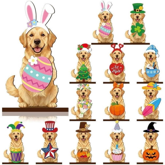 Magnetic Seasonal Animal Decor Interchangeable Wooden Desk Sign Cute Cat Dog Tabletop Stand Accent Frame for Holiday Home Office Desk Decor
