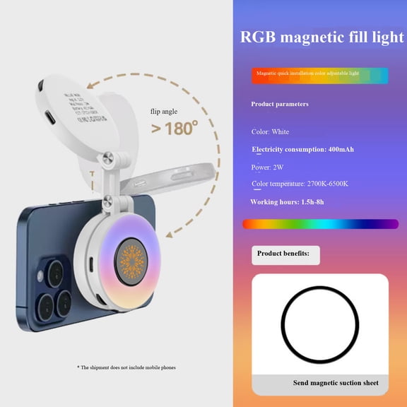 Magnetic Selfie Light with 360° Snap Selfie Screen Adjustable Brightness Portable LED Fill Light for Smartphones Compatible with All Phones for Vlogging Video Calls Makeup Selfies Content Creation,C