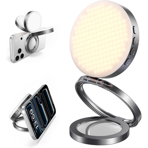 Magnetic Selfie Light Compatible with MagSafe iPhone, 4 Mode CRI95+ 2600K-9000K 4W Folding LED Phone Fill Ring Lighting with Mirror for Photography Vlogging Makeup - Grey