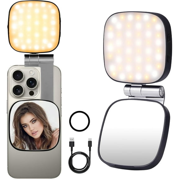 Magnetic Selfie Light Compatible with MagSafe iPhone, Multiple Folding LED Phone Photo Beauty Fill Ring Lighting with Mirror for Zoom Makeup Photography Recording Video Conference, (M27 Black)