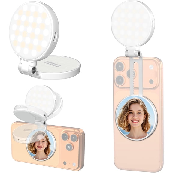 Magnetic Selfie Light, Extendable Phone Light with Mirror, Portable Rechargeable LED Fill Light for Selfie//Makeup/Video Conference/Zoom Call/TikTok, Compatible with All Phones(White)