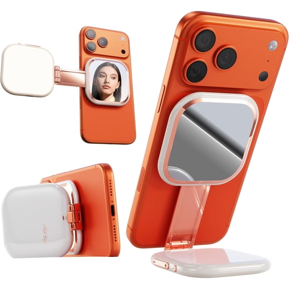 Magnetic Selfie Light with Mirror & Stand 49 LED CRI90 Fill Light, Zinc Alloy Hinge, 360 Phone Stand Compatible with iPhone MagSafe & Android, Portable Vanity Light for TikTok,