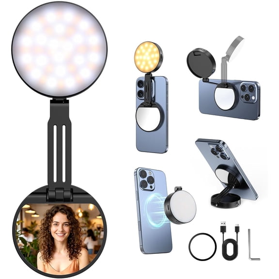 Magnetic Selfie Light Portable Fill Light Compatible with iPhone Magsafe, 5 LED Modes CRI95+ Phone Ring Light with Mirror Rechargeable Selfie Light for Photography Video Conference Makeup