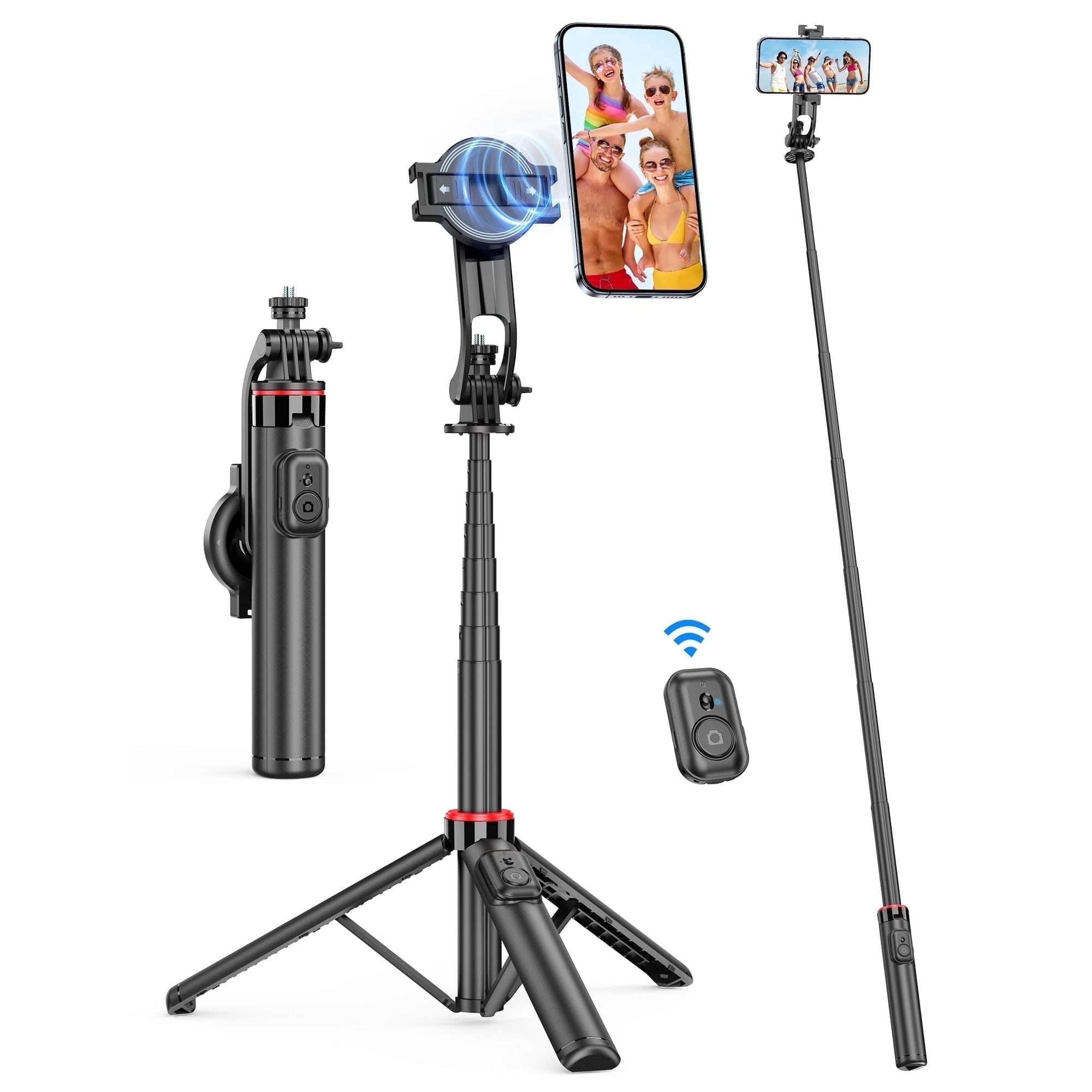 Magnetic Selfie Stick, 51"Aluminum Alloy Selfie Stick Tripod with Remote, Portable Cell Phone Tripod Stand, Selfie Stick 360° Vertical, Phone Travel Tripod Stable for iPhone/Android (Black)