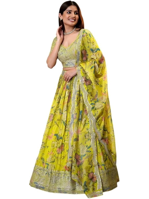 Magnetic Sequins Work Indian Designer Haldi Function wear Lehenga Choli With Printed Dupatta ( Lemon Yellow, M - 40 )