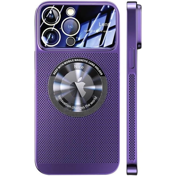 Magnetic Series Designed for iPhone Case,Compatible with MagSafe,Large Window Camera Lens Protection,Electroplated Mesh Heat Dissipation Logo View Shockproof Cover (Purple,iPhone 14 Pro)