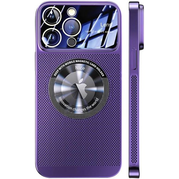 Magnetic Series Designed for iPhone Case,Compatible with MagSafe,Large Window Camera Lens Protection,Electroplated Mesh Heat Dissipation Logo View Shockproof Cover (Purple,iPhone 15)