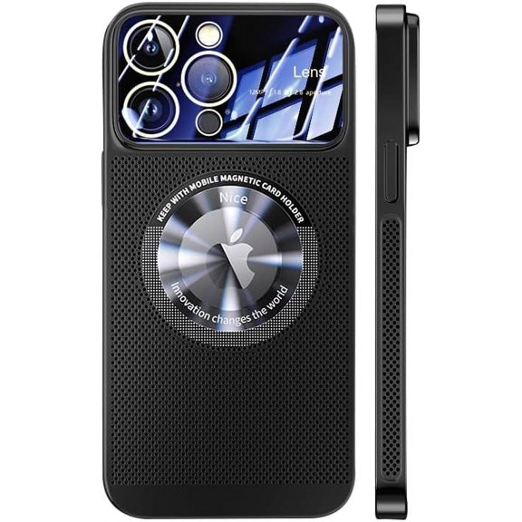 Magnetic Series Designed for iPhone Case,Compatible with MagSafe,Large Window Camera Lens Protection,Electroplated Mesh Heat Dissipation Logo View Shockproof Cover (Black,iPhone 13)