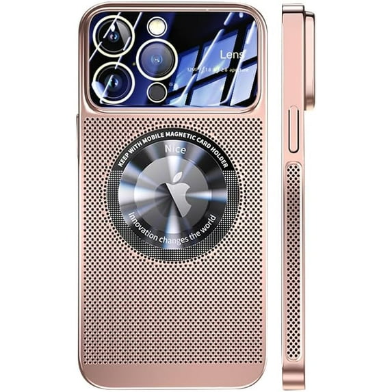 Magnetic Series Designed for iPhone Case,Compatible with MagSafe,Large Window Camera Lens Protection,Electroplated Mesh Heat Dissipation Logo View Shockproof Cover (Pink,iPhone 15 Pro Max)