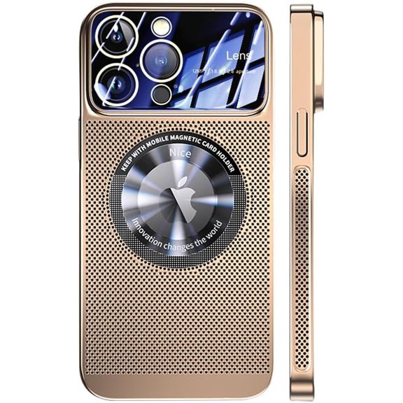 Magnetic Series Designed for iPhone Case,Compatible with MagSafe,Large Window Camera Lens Protection,Electroplated Mesh Heat Dissipation Logo View Shockproof Cover (Gold,iPhone 13)