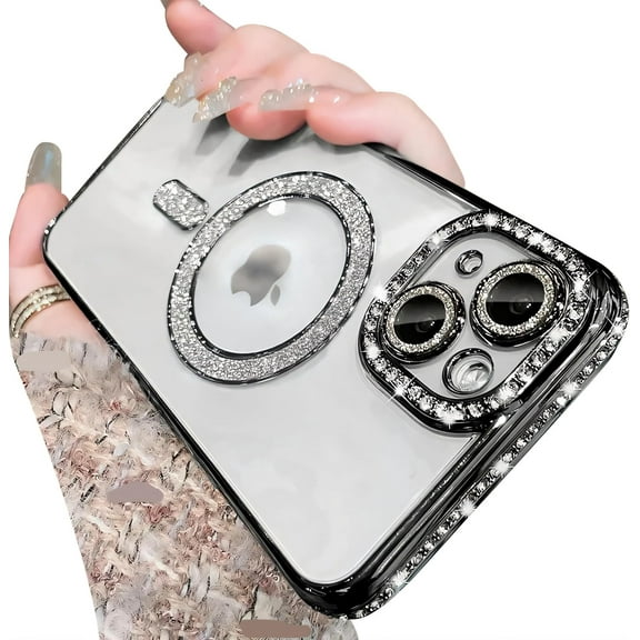 Magnetic Series Designed for iPhone Case,[Compatible with MagSafe][Military Drop&Camera Lens Protection],Luxury Glitter Diamond Plated Bumper Clear Shockproof Cover (Black,iPhone 11)
