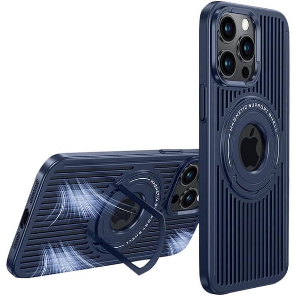 Magnetic Series Designed for iPhone Case[Compatible with MagSafe[Military Drop&Full Body Protection]Heat Dissipation Ring Holder Stand Logo View Shockproof Cover (Navy Blue,iPhone 15 Pro Max)